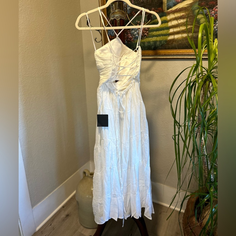 Effortless Sweetness White Ruched Lace-Up Tiered Midi Dress - Picture 8 of 8